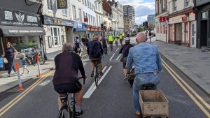 View of cyclists from behind in Bedford Town Centre