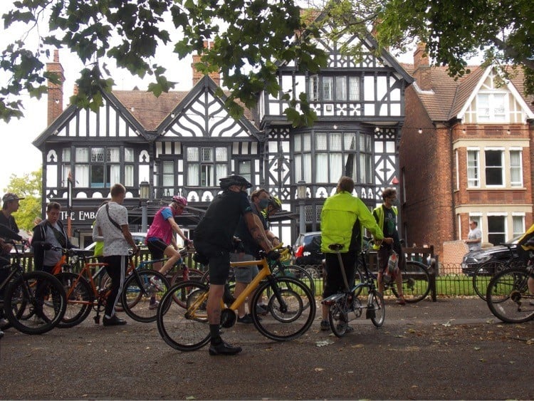 Picture of cyclists outside the Embankment Hotel in Bedford