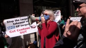 People protesting outside Centene HQ