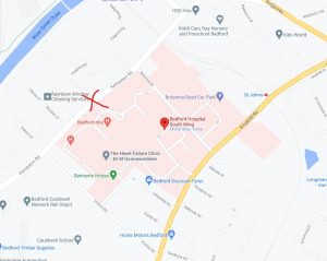 map of bedford hospital south wing marked with protest location