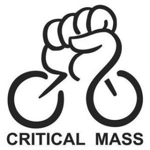 Critical Mass Logo a Closed fist with 2 wheels either side of the wrist.