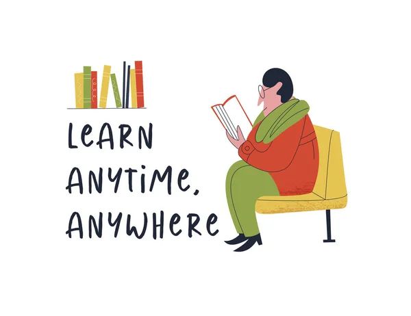 Image of a cartoon soon sitting in a chair reading a book on the right hand side of the picture a group of books lined up on the left at the top with the words Learn Anytime Anywhere