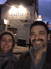 Lucy and Paul cnadidates for the New Castle and Newnham ward photo taken with the Castle public house in the background
