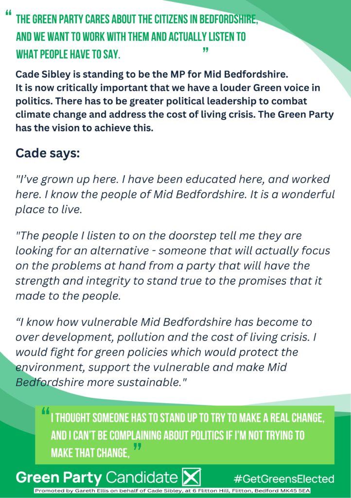 Mid Beds general election 2024 Green party Cade Sibley leaflet page2
